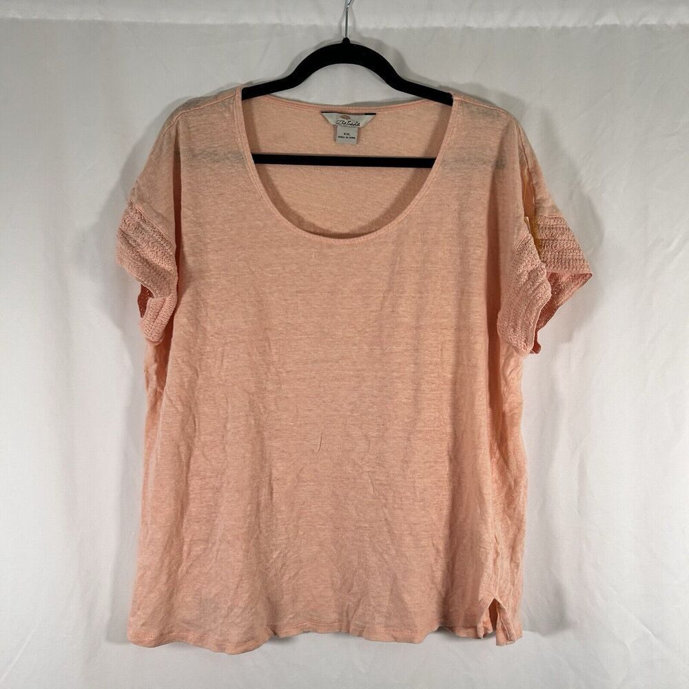 Bass Pro Shop 100% Linen Shirt Women's XXL Pink Short Sleeve Round Neck Light